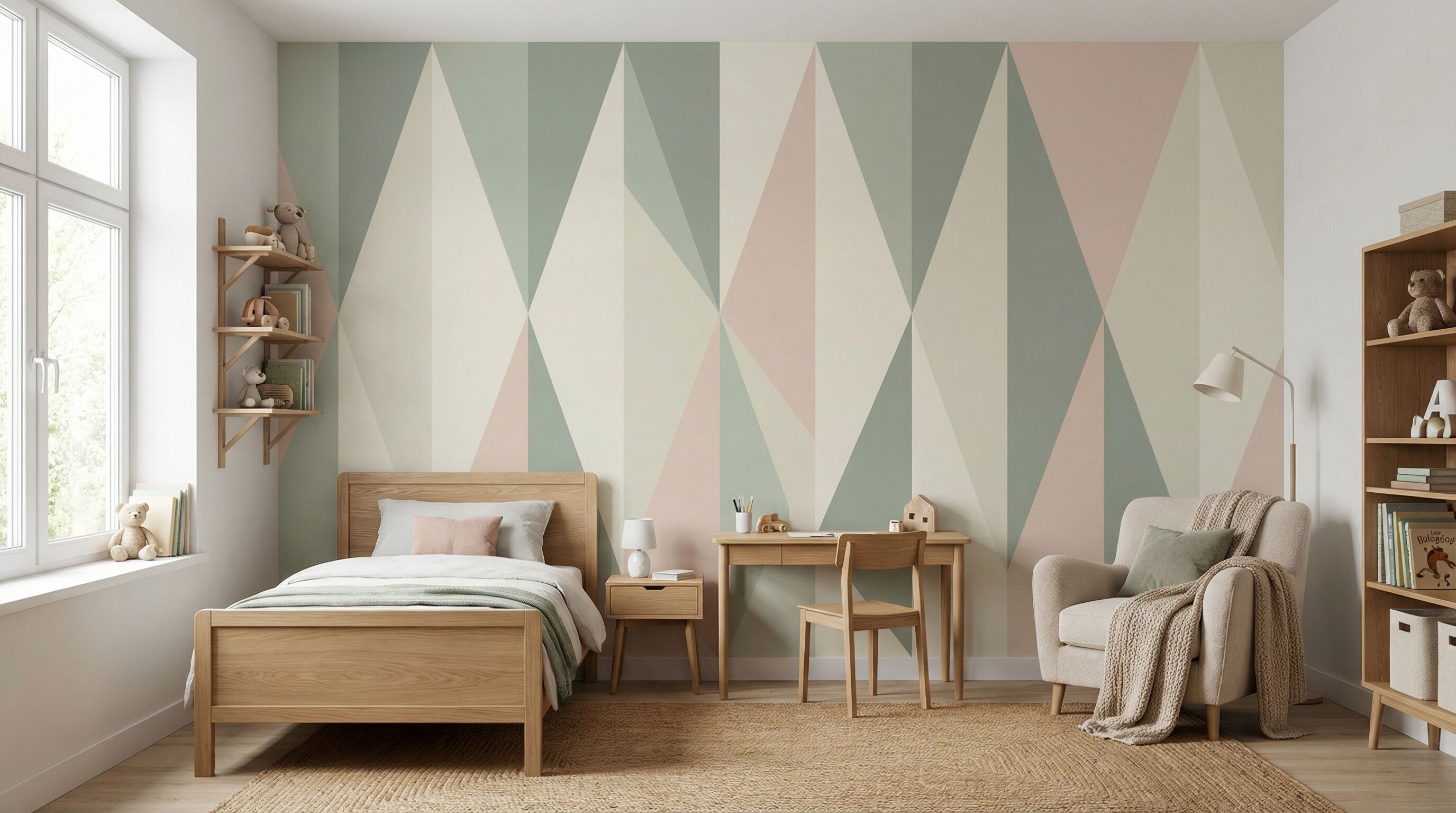 Quarto Infantil Minimalista Geométrico com Papel de Parede Moderno