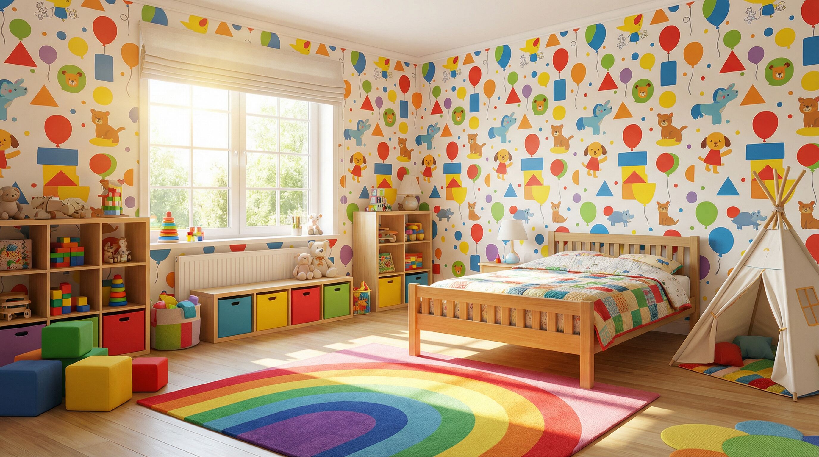 Quarto Infantil Colorido Playful com Papel de Parede Alegre