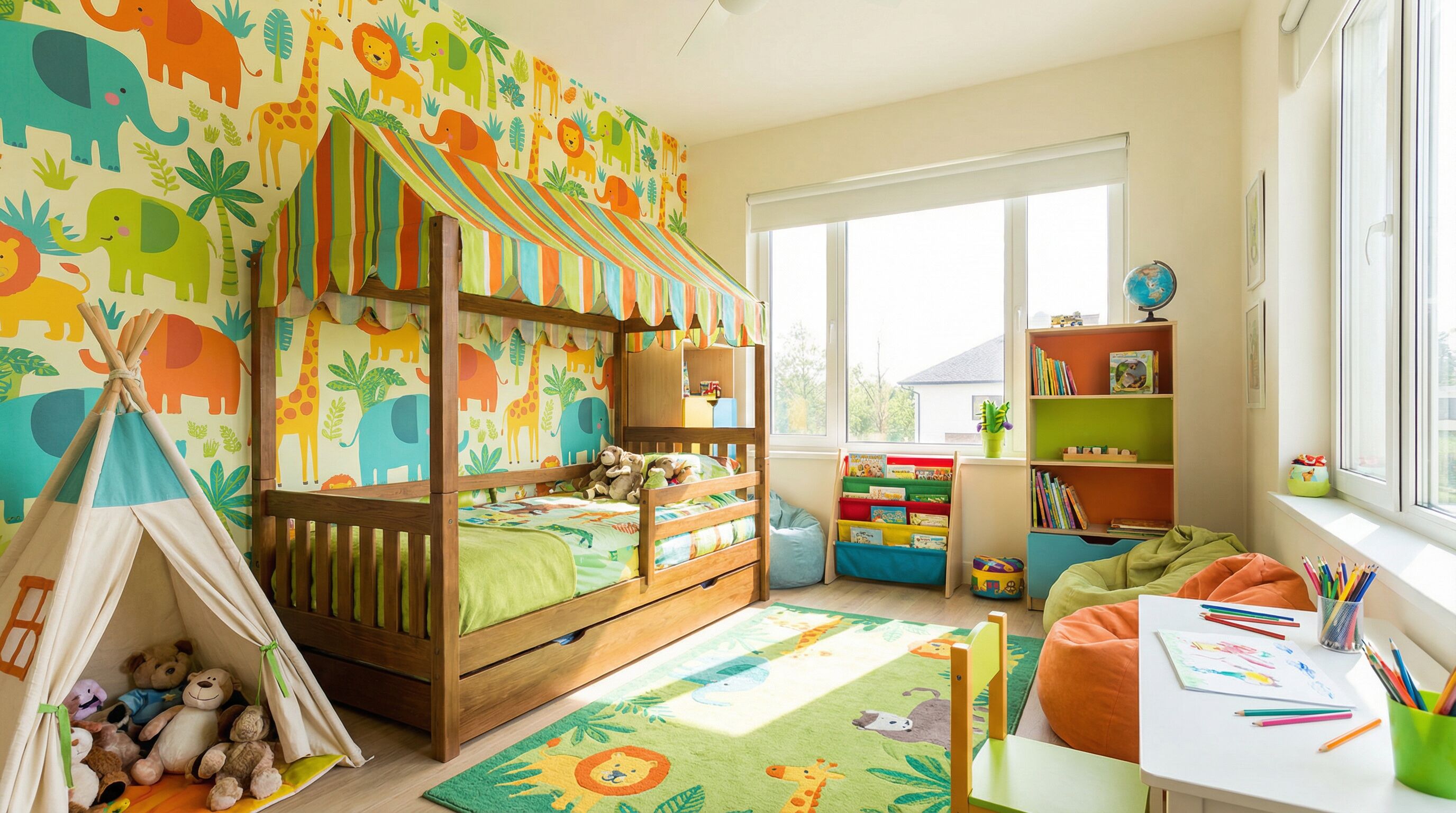 Quarto Infantil Safari Colorido com Papel de Parede Vibrante