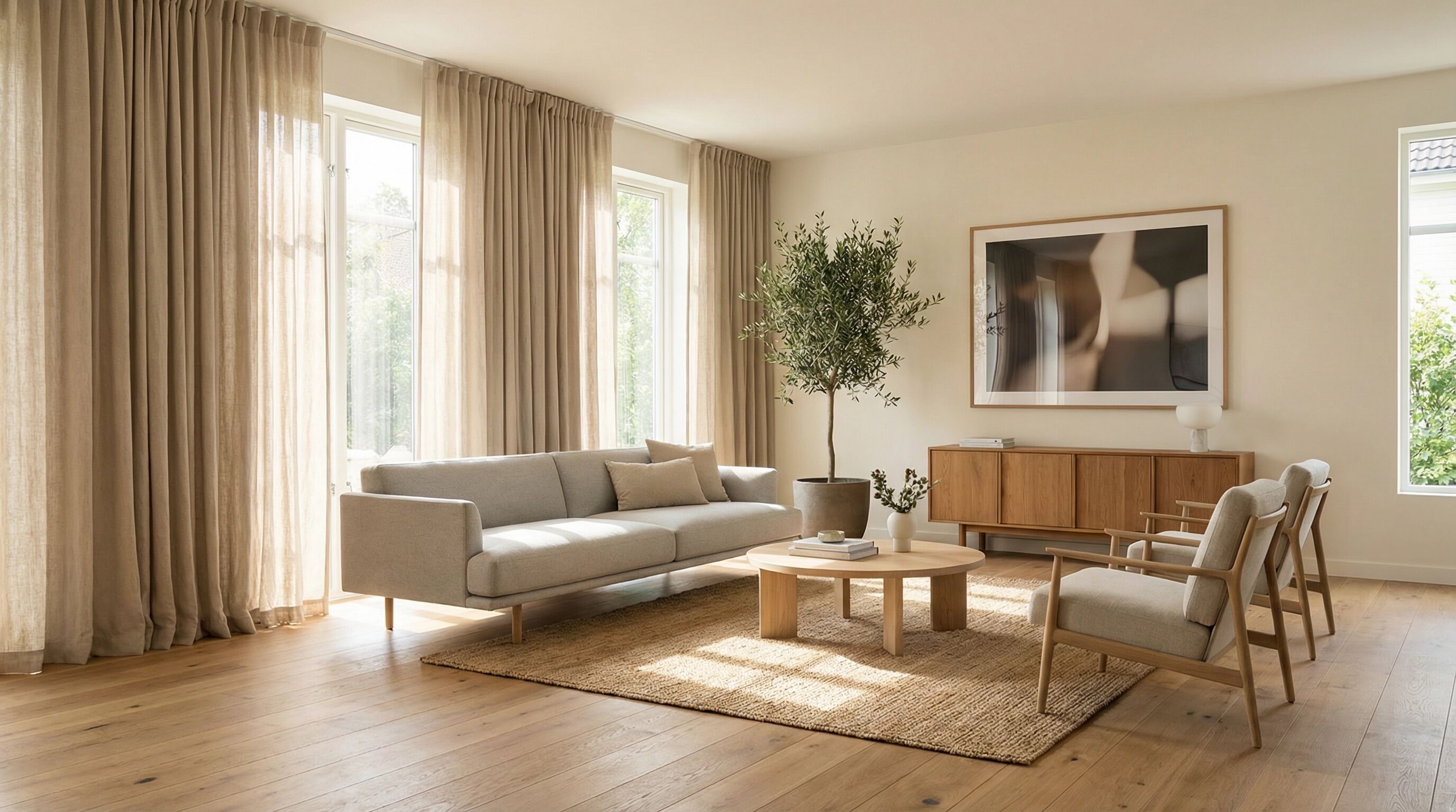 Sala de Estar com Cortinas Bege Premium - Projeto de Cortinas e Persianas em Blumenau