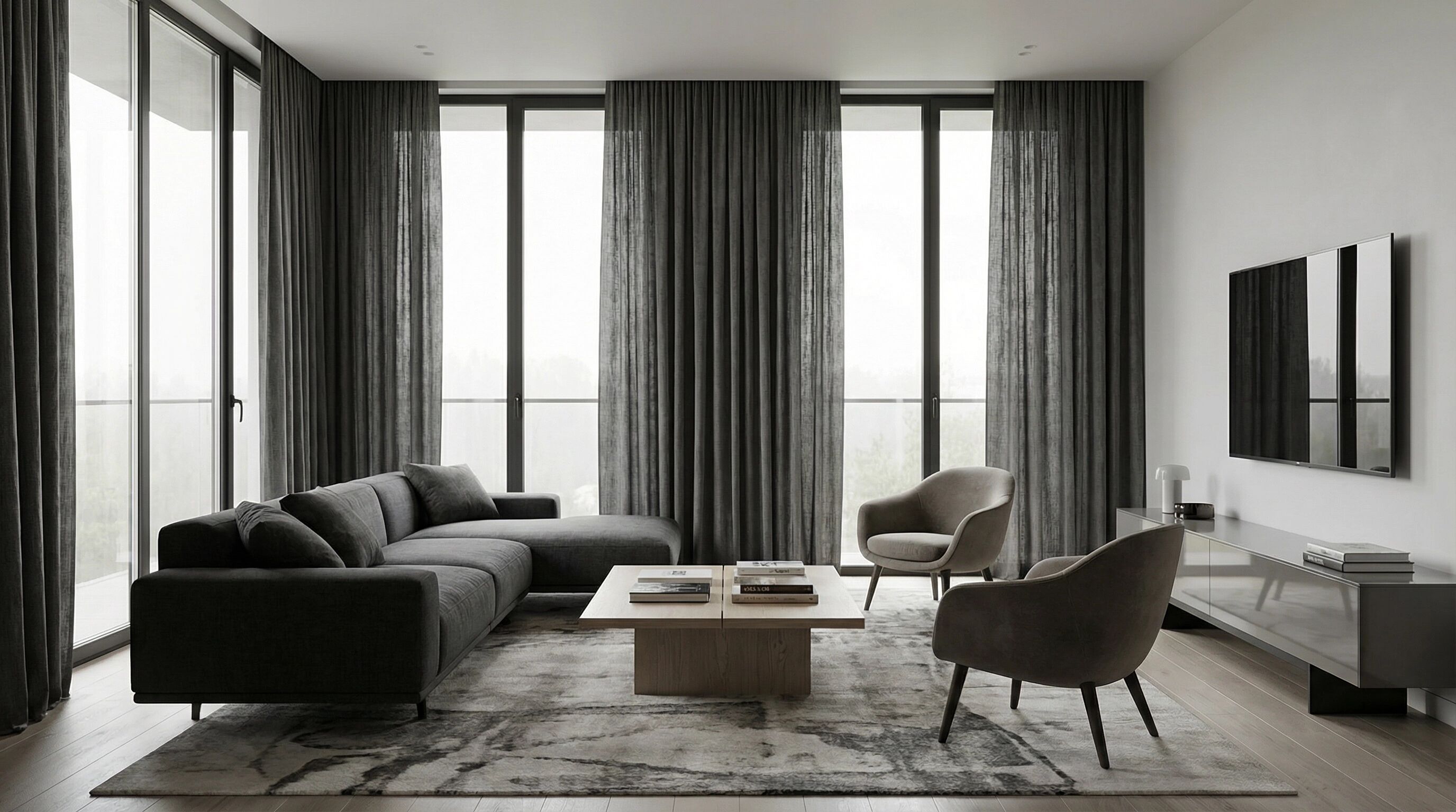 Sala Contemporânea com Cortinas Cinza - Projeto de Cortinas e Persianas em Itapema