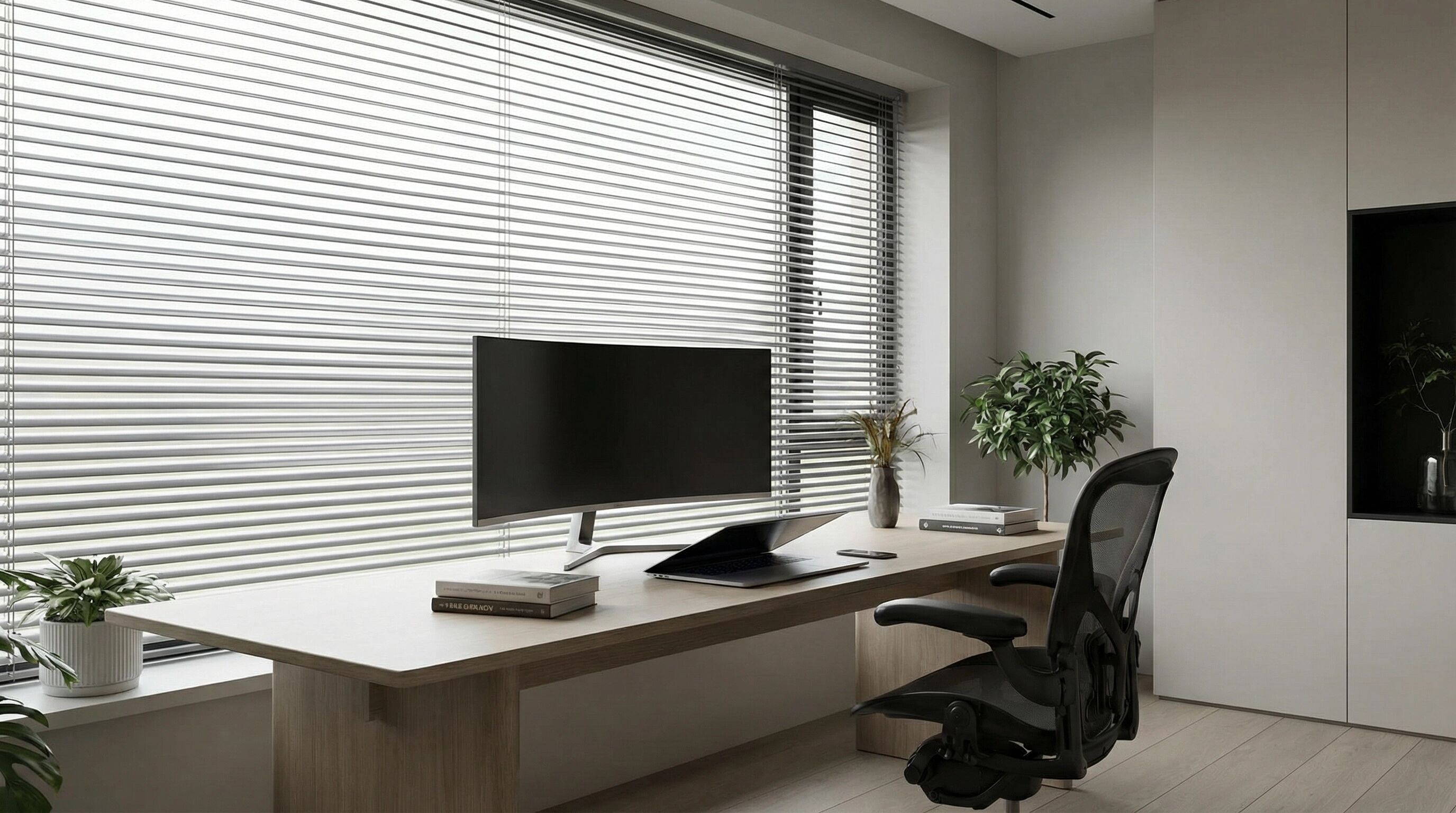 Escritório com Persianas de Alumínio - Projeto de Cortinas e Persianas em Balneário Camboriú