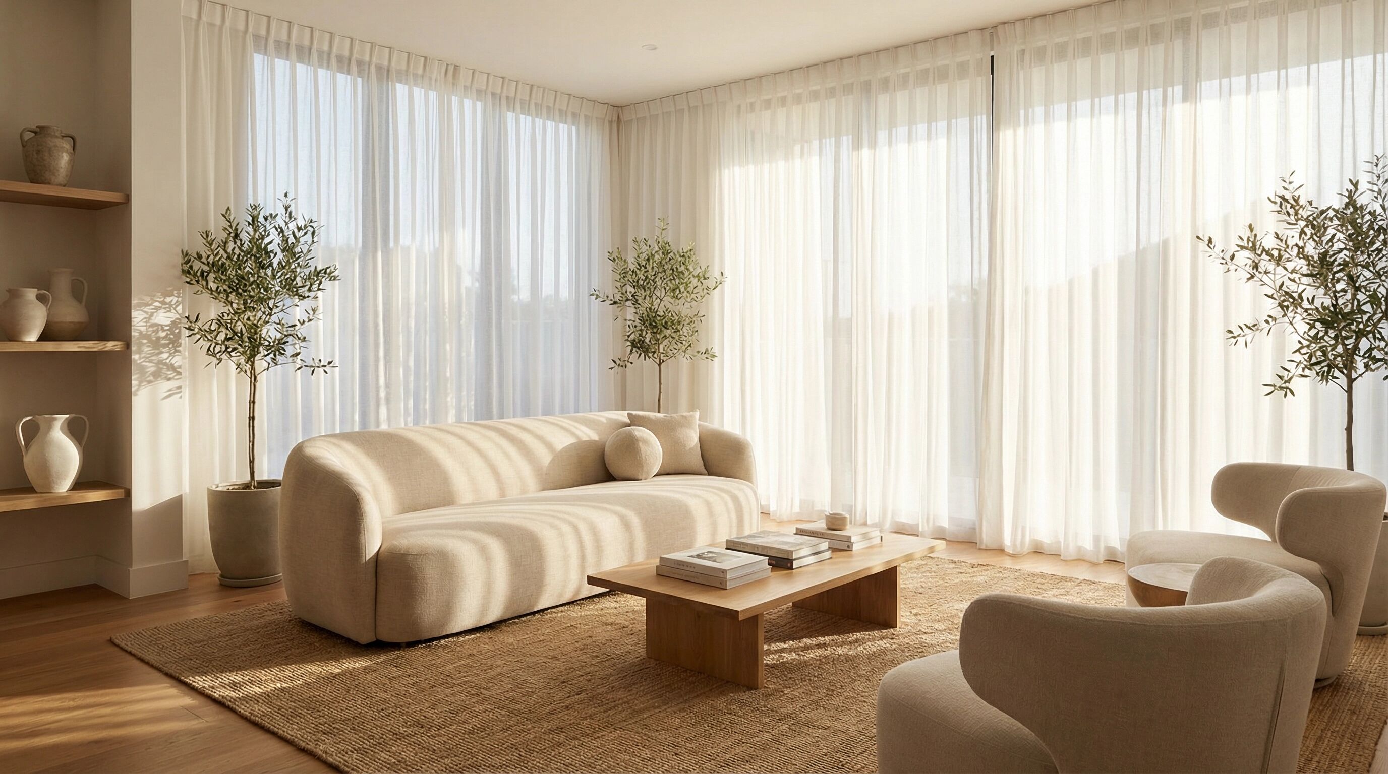 Sala Iluminada com Cortinas Voil Branco - Projeto de Cortinas e Persianas em Itapema