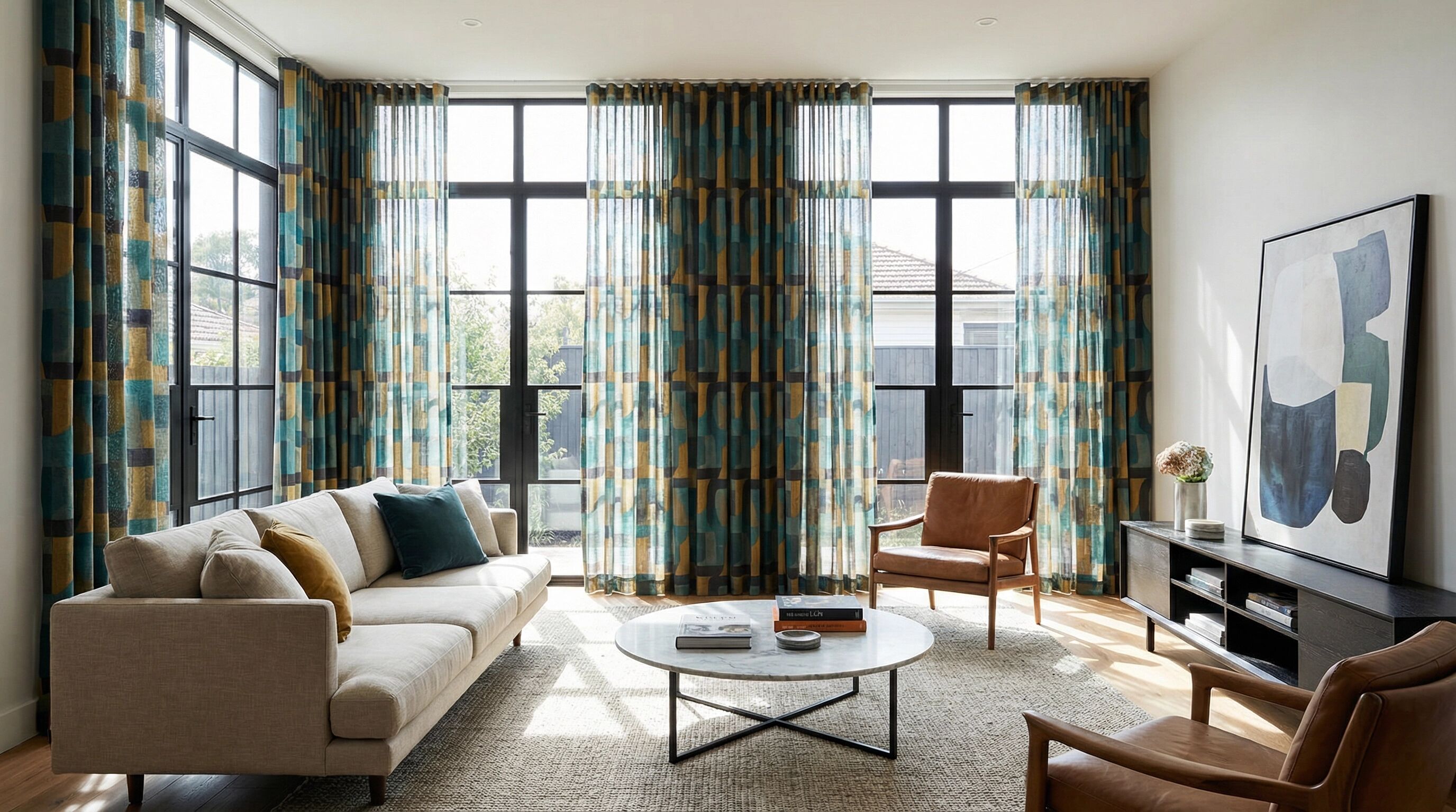 Sala com Cortinas Padrão Geométrico - Projeto de Cortinas e Persianas em Porto Belo